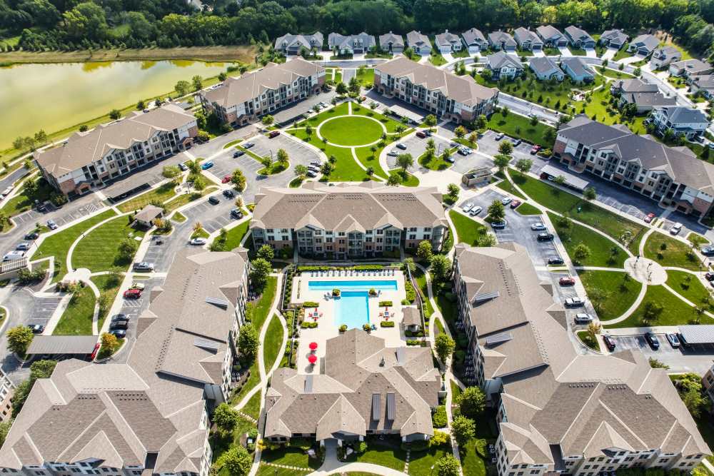 Aerial view of the community at Boulders at Overland Park Apartments in Overland Park, KS