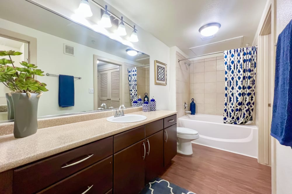 A renovated bathroom with a large vanity and a mirrored closet door at Broadstone Grand Avenue in Pflugerville, Texas