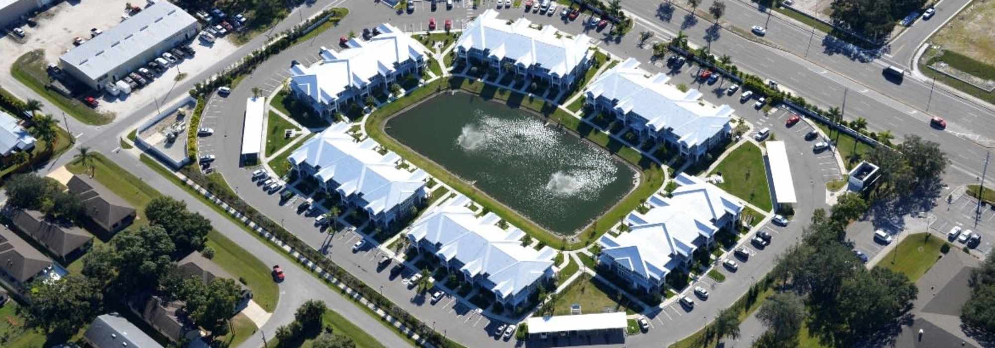 Aerial view of apartment community at The Bergamot Apartments On 780 in Sarasota, Florida