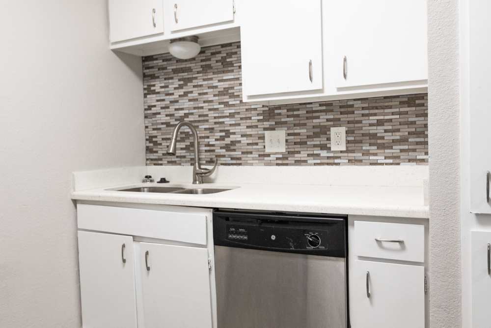 Modern kitchen with sleek cabinetry and stylish tile backsplash at San Mateo Forest in Dallas, Texas.