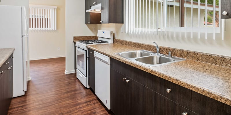 A fully equipped kitchen at Coral Sea Cove in Port Hueneme, California