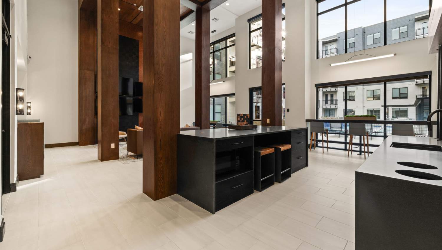 Community clubhouse with kitchen at The Lock at Flatirons in Broomfield, Colorado
