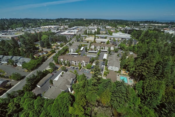 Aerial view of the neighborhood near Wildreed Apartments in Everett, Washington
