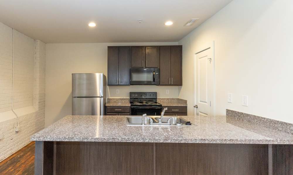 Stainless-steel appliances in the kitchen at Lofts at Inman Mills in Inman, South Carolina