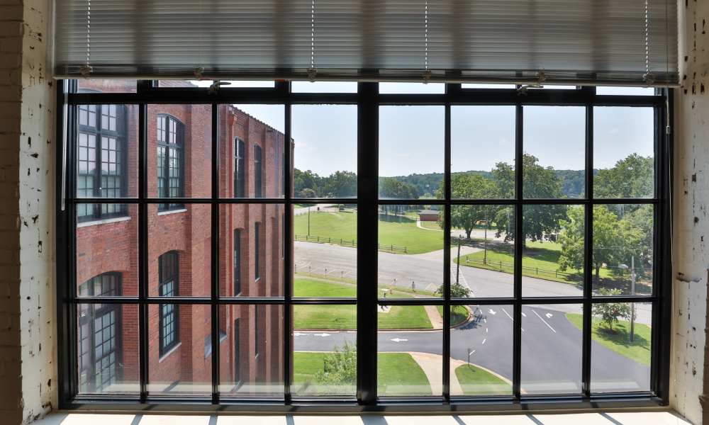 Window of the modern apartment at Lofts at Inman Mills in Inman, South Carolina