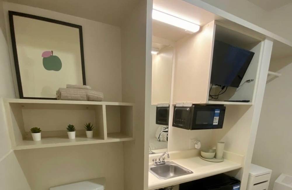 Cozy kitchen at Trolley Court in San Diego, California 