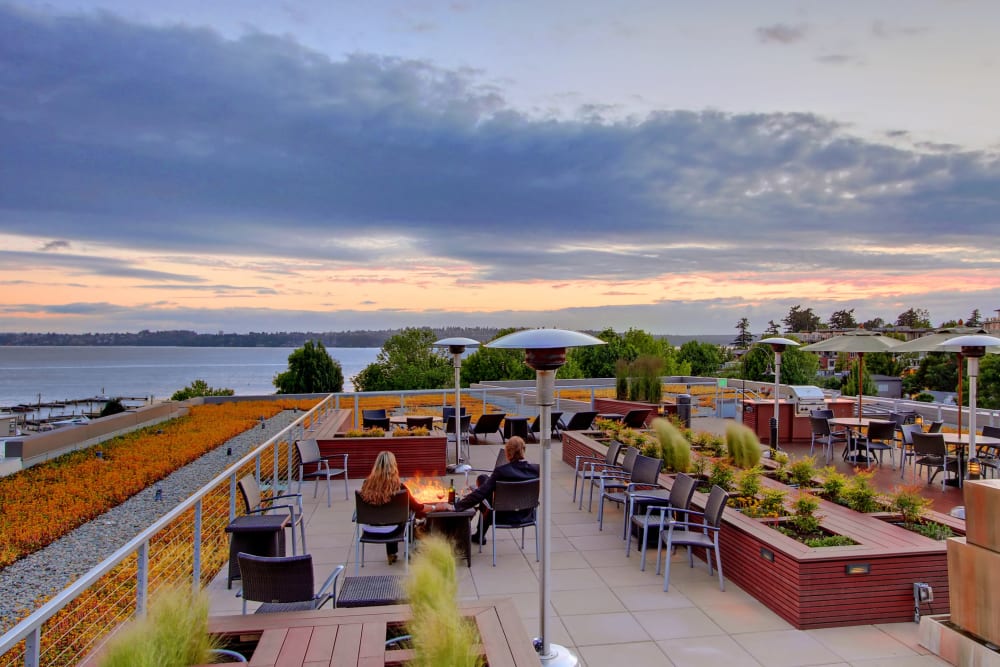 Rooftop deck with views of Lake Washington at The 101 in Kirkland, Washington