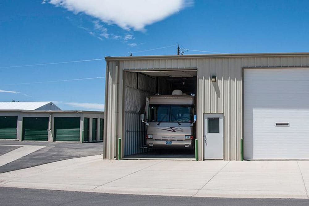 RV in a large storage unit at modSTORAGE in Laramie, Wyoming