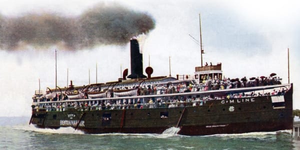 Historical photo of a steamship at The Whitcomb Senior Living Tower in St. Joseph, Michigan