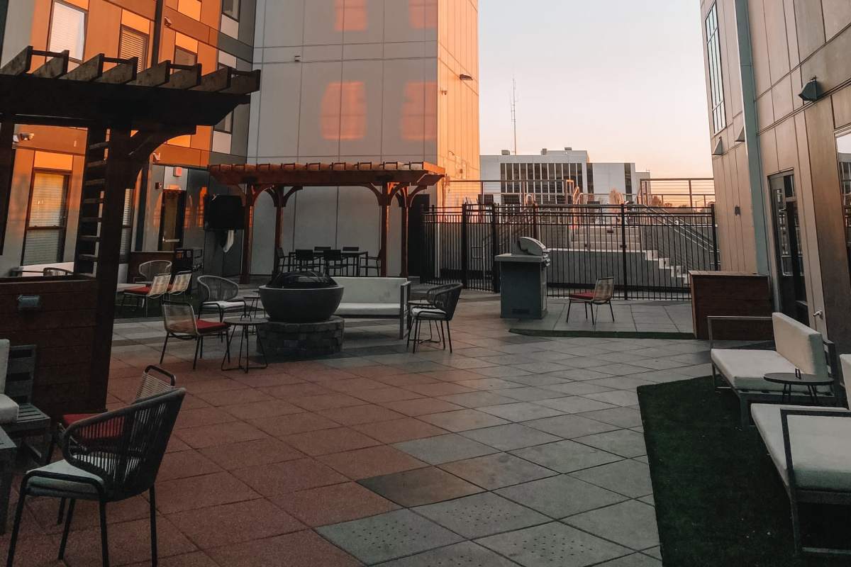 courtyard at sunset at LivRed in Lincoln, Nebraska