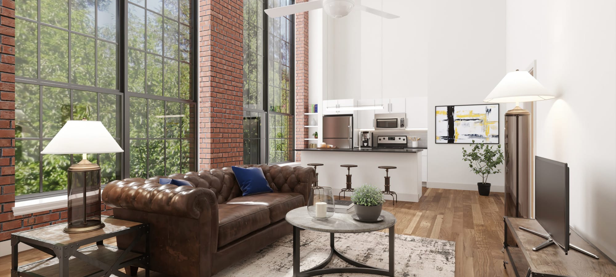 Living room rendering of The Lofts at Whitaker Park in Winston-Salem, North Carolina