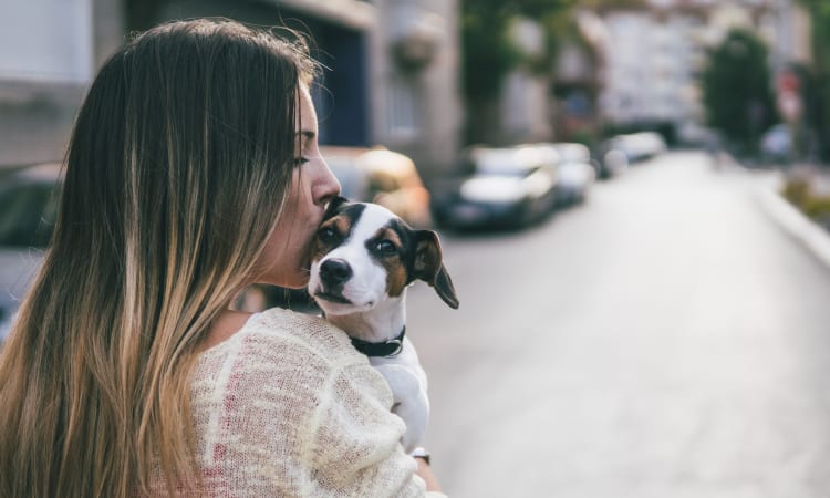 Resident giving her puppy a kiss outside their new home at Sofi Redwood Park in Redwood City, California