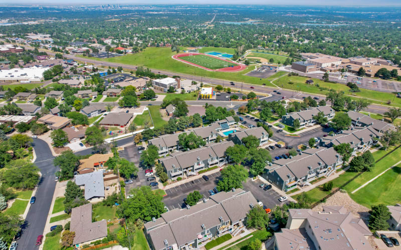 An aerial view of the property at Bluesky Landing Apartments in Lakewood, Colorado