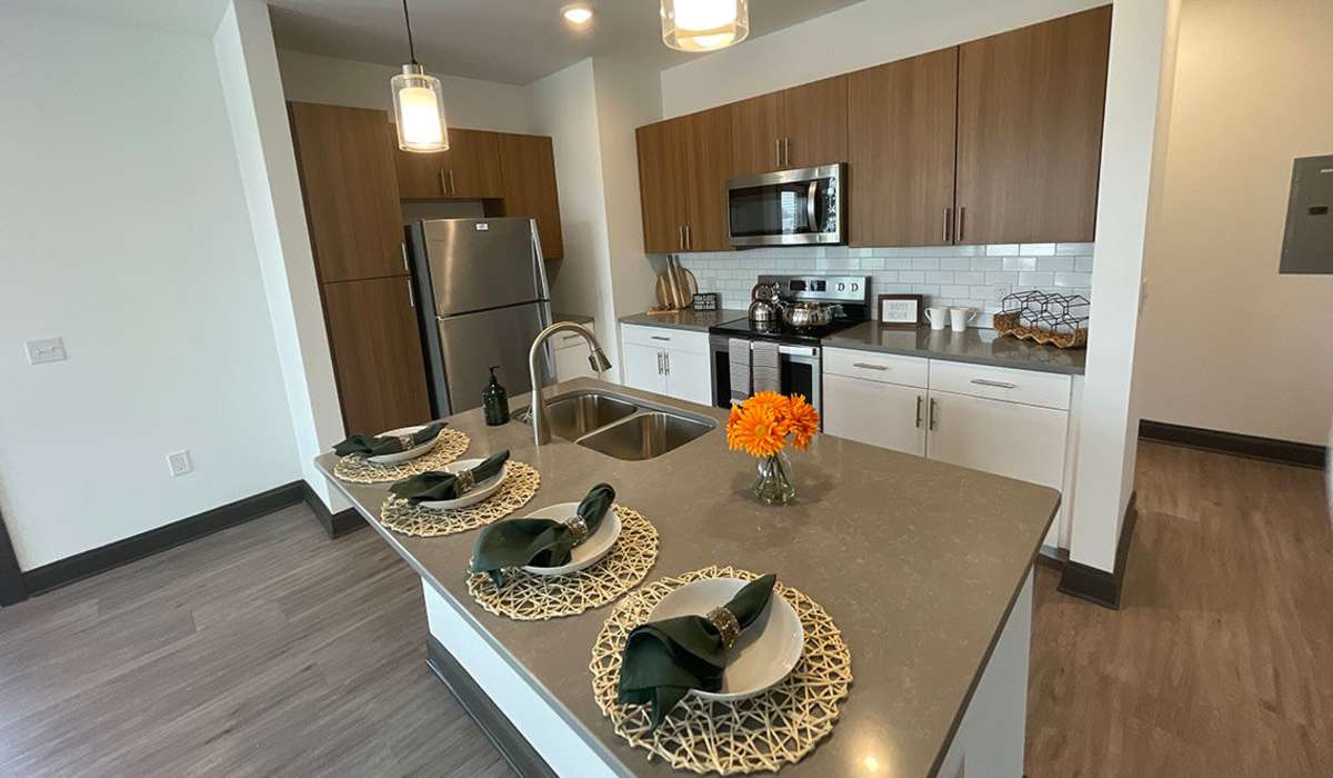 A modern apartment kitchen with upgraded finishes at Millhouse Station in Augusta, Georgia