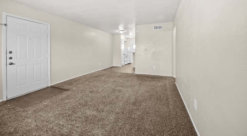 Living area with plush carpeting at Oakwood in Dallas, Texas