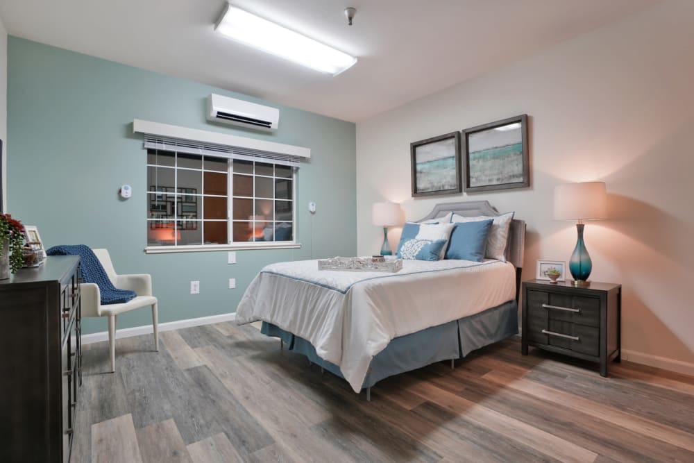 Bedroom in apartment at MuirWoods Memory Care in Petaluma, California