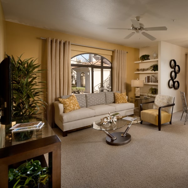 Bright living room with modern decor in model home at San Palmilla in Tempe, Arizona