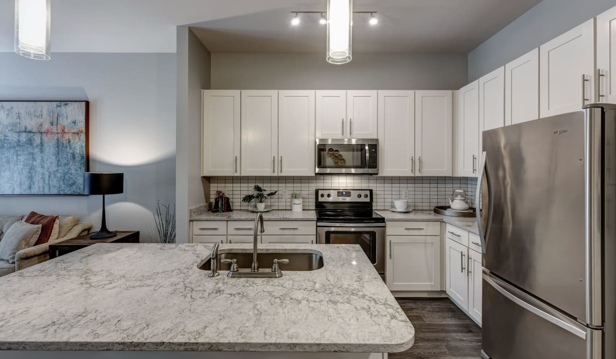 Kitchen with modern stainless-steel appliances at 1400 Chestnut Apartments, Chattanooga, Tennessee