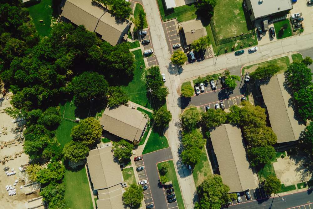 Aerial view of community at Lakeshore Villa Apartments in Rowlett, Texas
