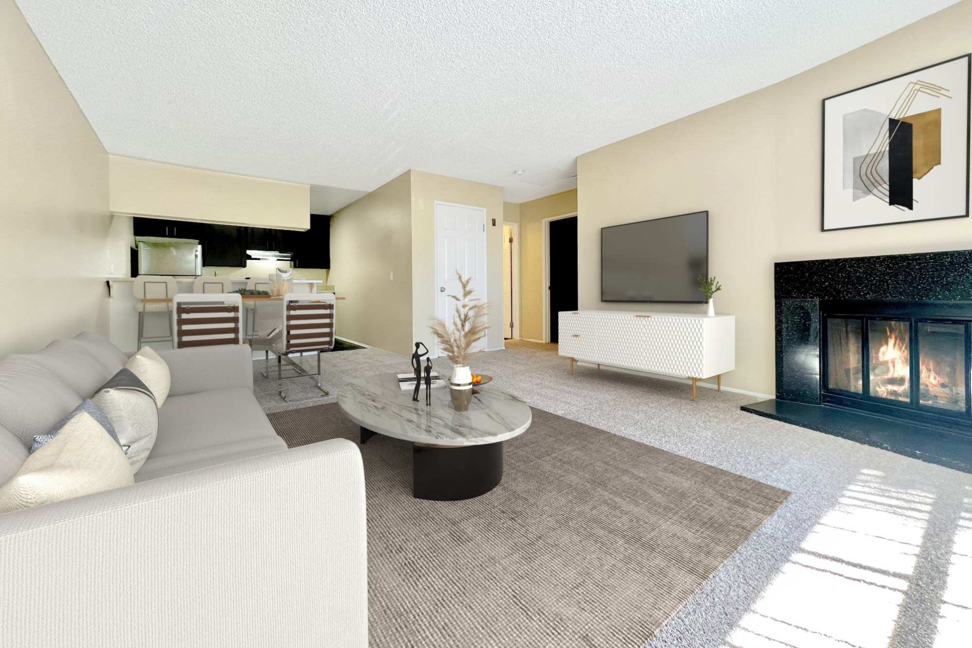 Spacious Living room with Fireplace at Hillside Terrace Apartments in Lemon Grove, California