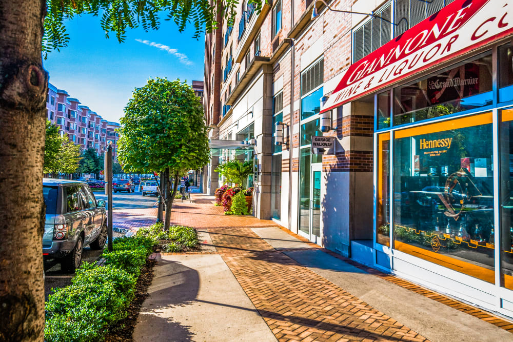 Sidewalk and shops outside of at 55 Riverwalk Place in West New York, New Jersey