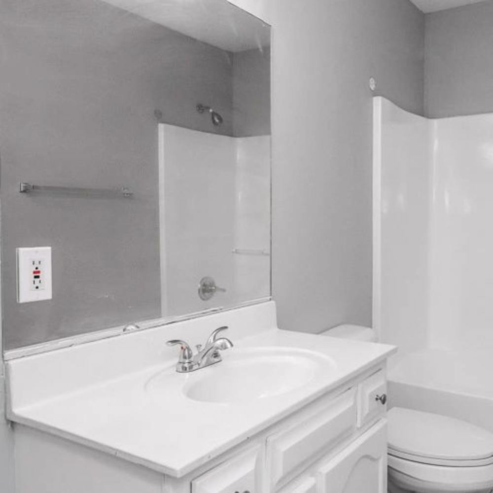 Bathroom with a large mirror and commode at The Oaks At Northshore in Chattanooga, Tennessee