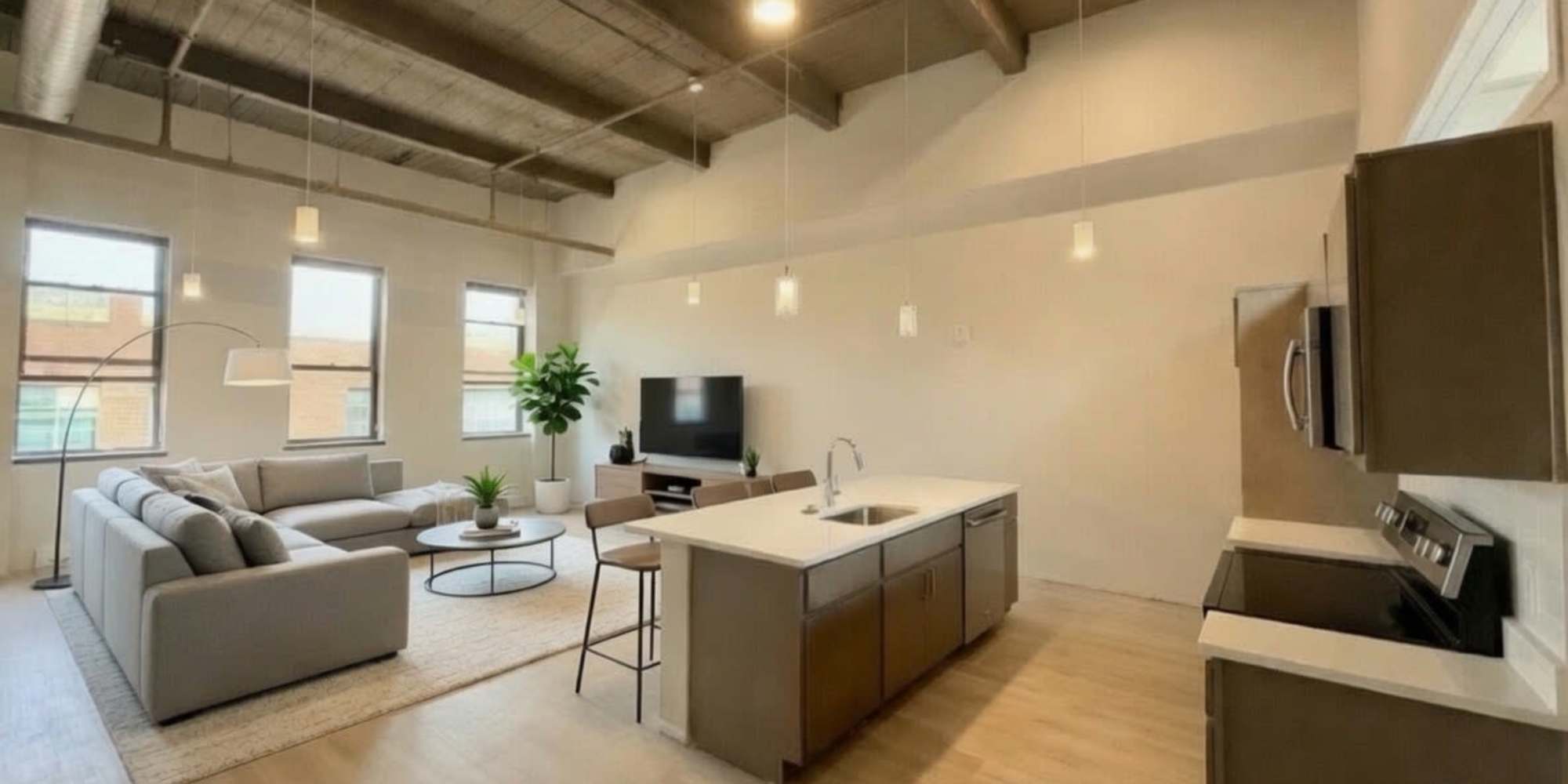 Open concept kitchen and living room at The Julian in Pittsburgh, Pennsylvania