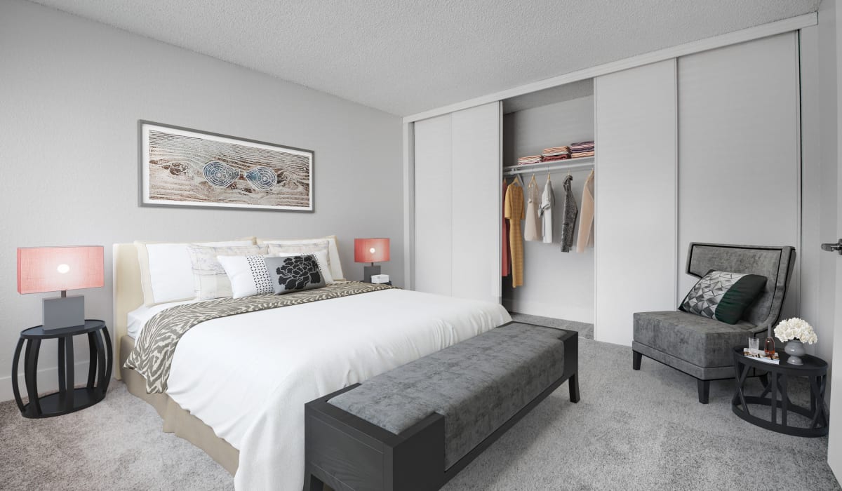 Furnished model bedroom at The Edge in Modesto, California