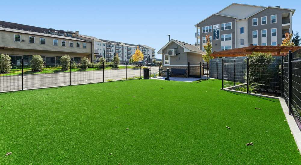 Dog park at modern apartment community at The Reid in Tucker, Georgia