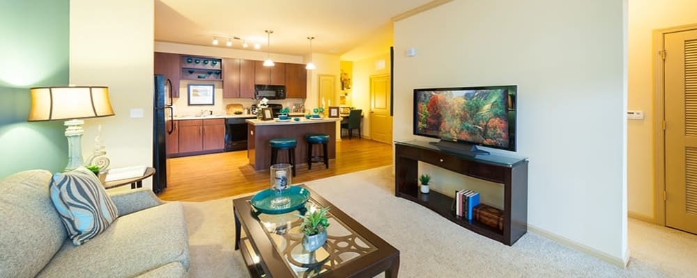 Well decorated living room in model home at Hills Parc in Ooltewah, Tennessee