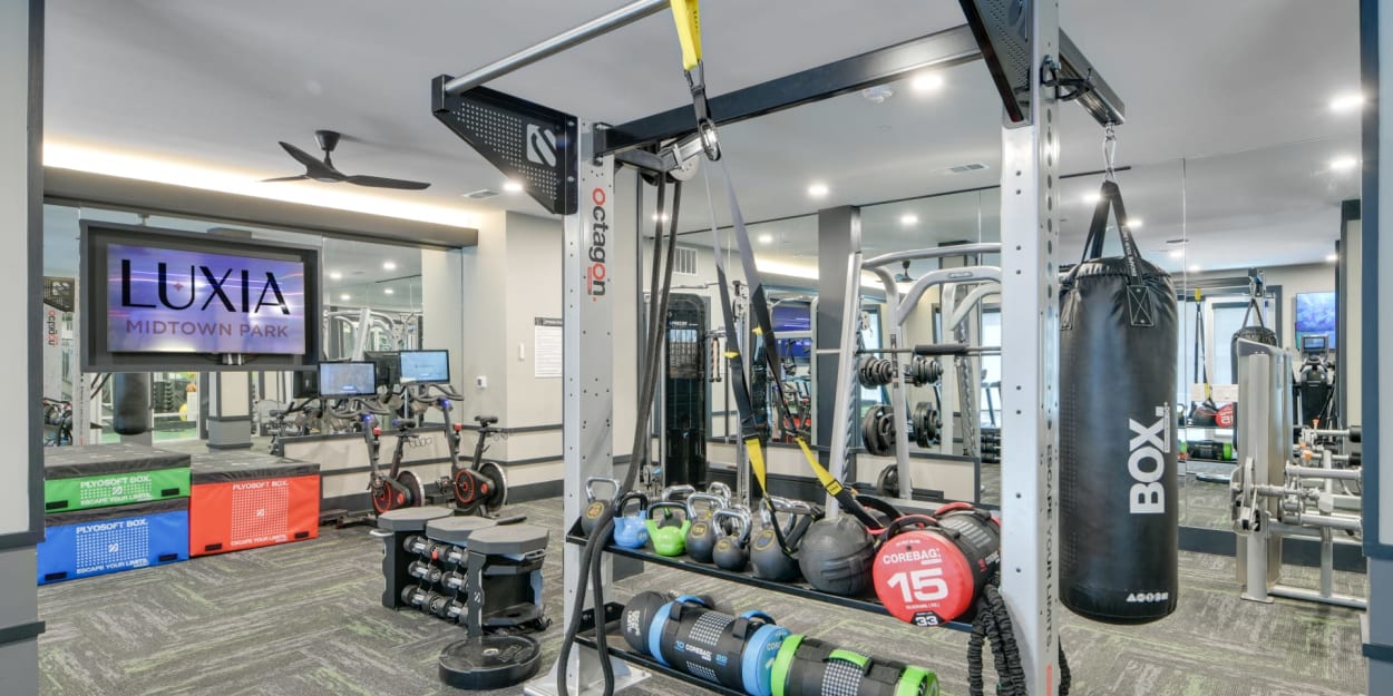 Well equipped fitness center at Luxia Midtown Park, Dallas, Texas