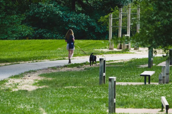 Resident walking their dog near Highbridge in Washington, District of Columbia