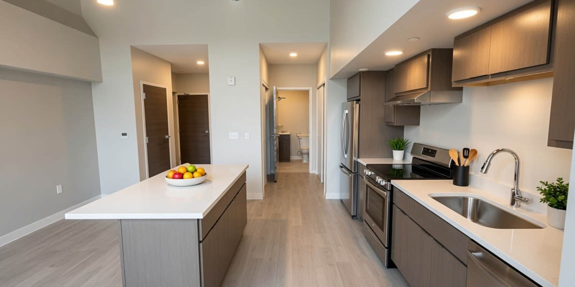 Kitchen with island at The Julian in Pittsburgh, Pennsylvania