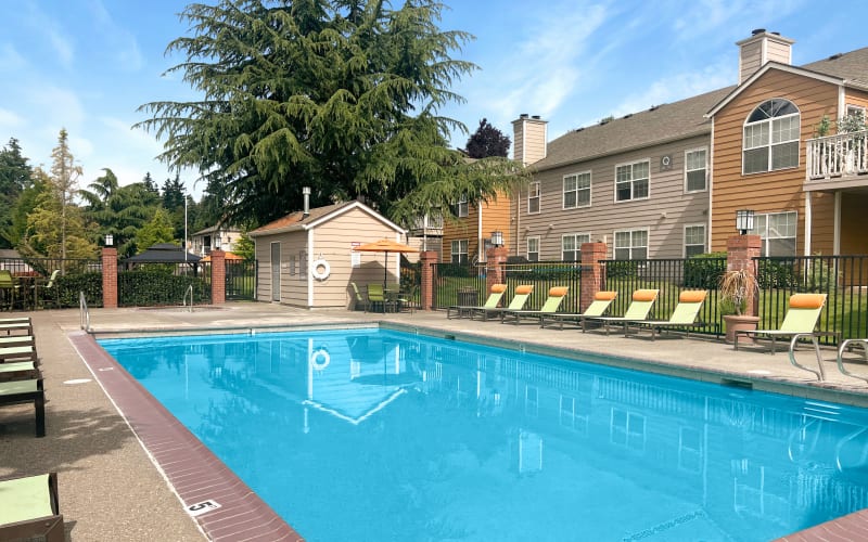 Lounge chairs by the welcoming blue pool on a sunny day at Carriage Park Apartments in Vancouver, Washington