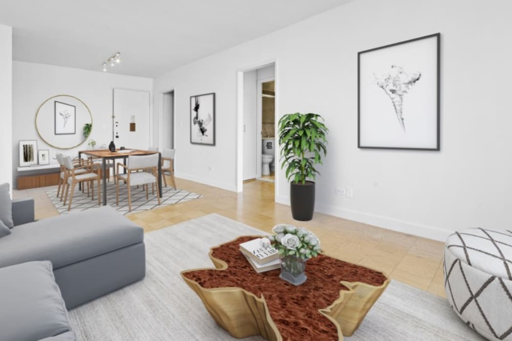 Model living room and dining area at The Caldwell in New York, New York