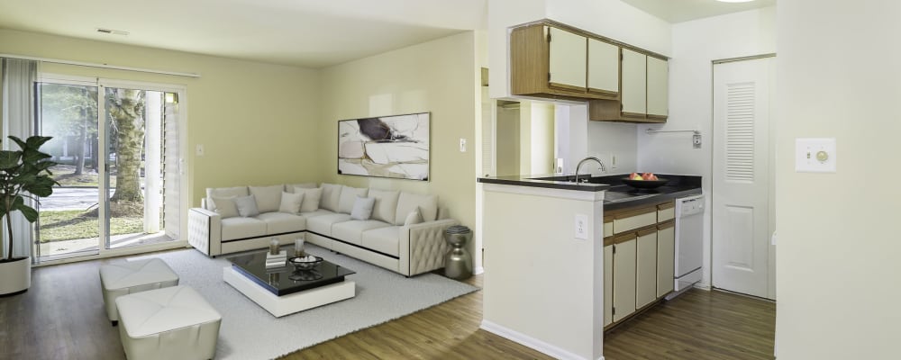 Wood flooring in an apartment kitchen and living room at Windsor Park in Woodbridge, Virginia 