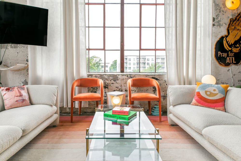 Living room of studio apartment at Mattress Factory Lofts in Atlanta, Georgia