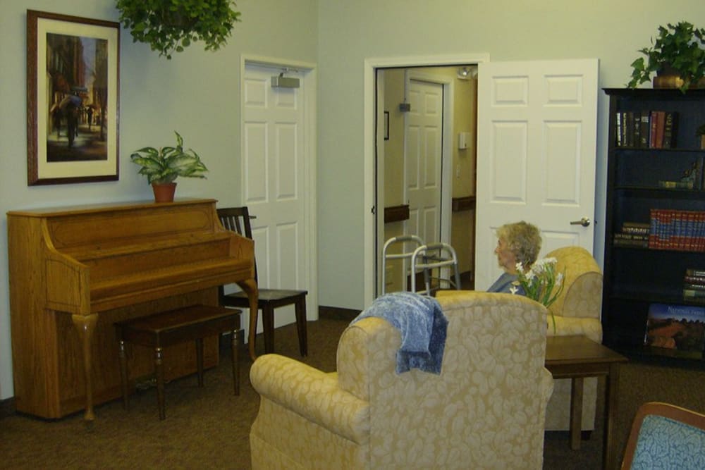 A piano sits for residents to use or for guests to play for our residents in Springfield, OR