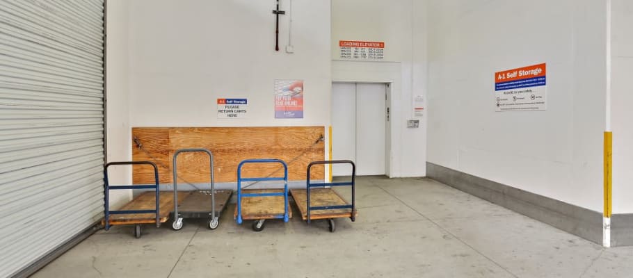 Carts and an elevator make storage and moving easy at A-1 Self Storage in San Diego, California