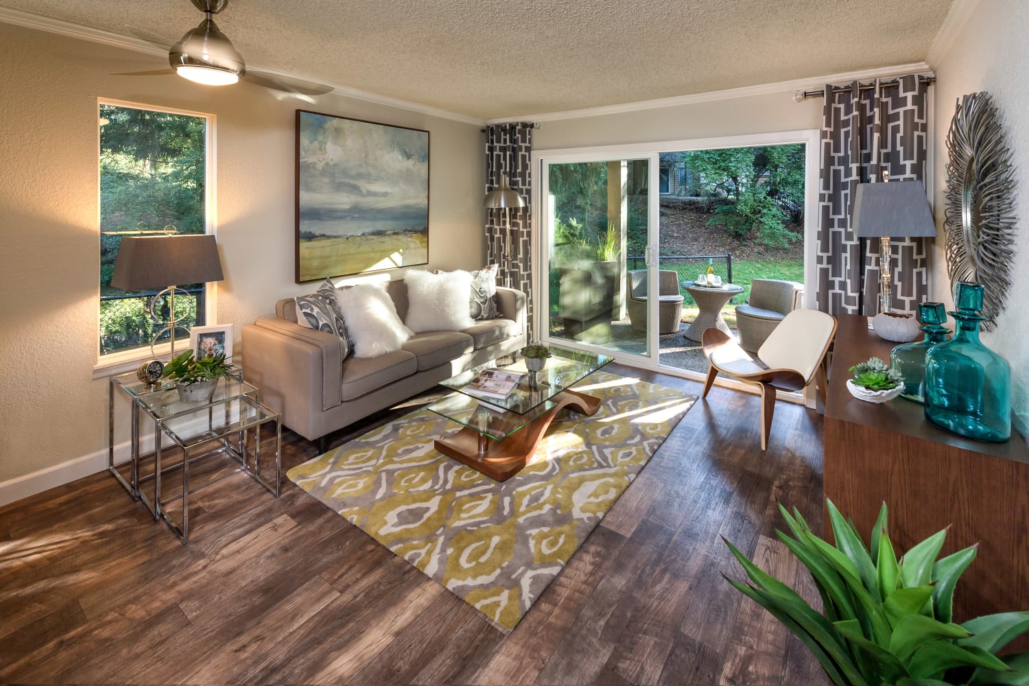 Well appointed living room at Vue Kirkland Apartments in Kirkland, Washington