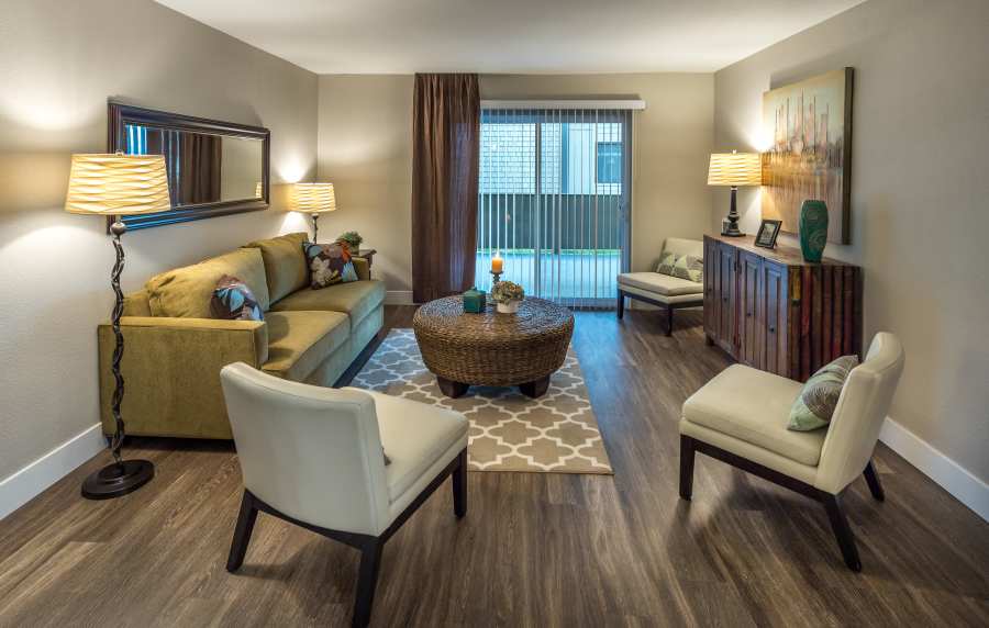 Modern bedroom at Harbor Cove Apartments in Foster City, California