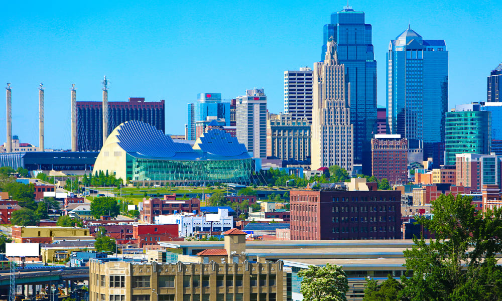 View of the downtown skyline on a beautiful day at Forest Ridge Villas in Kansas City, Missouri