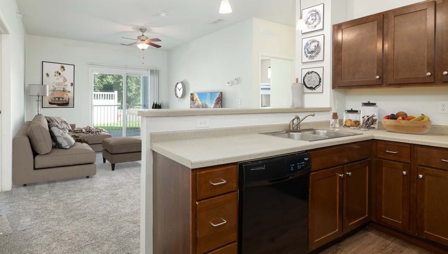 Open-concept of kitchen and living room at Regency Apartment Homes in Williston, North Dakota