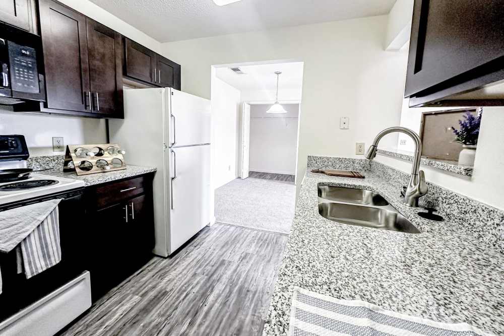 Fully equipped apartment kitchen with modern appliances and wood cabinetry at Brittany Place of Rock Hill in Rock Hill, South Carolina