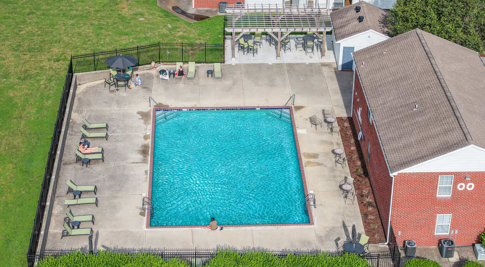 Aerial view of pool at Laurel Wood Apartments in Smyrna, Tennessee