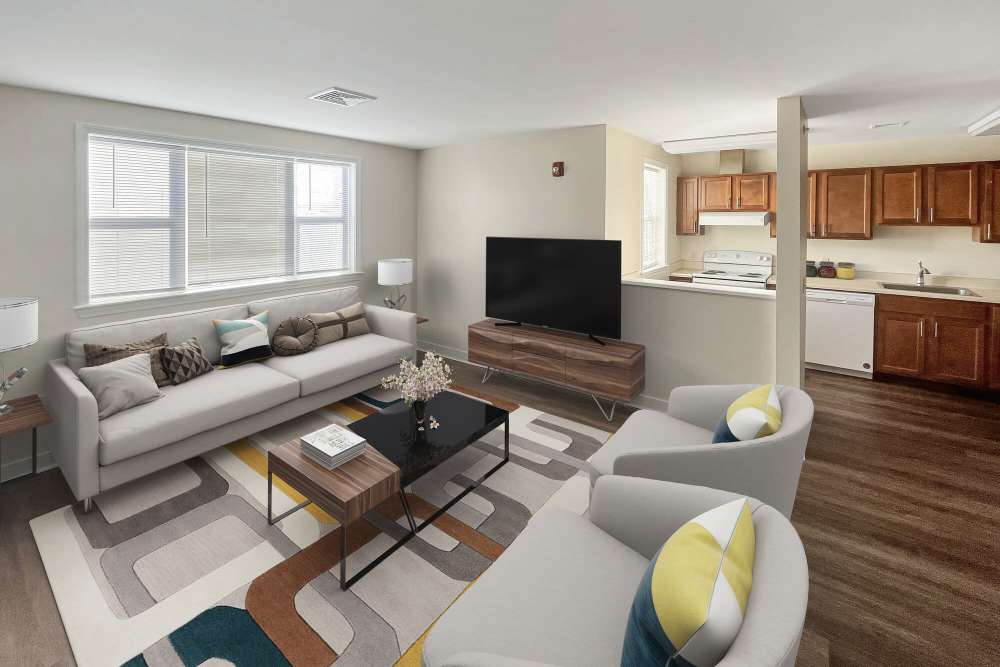 Comfortable living room with open layout at Stony Brook Village in Westford, Massachusetts