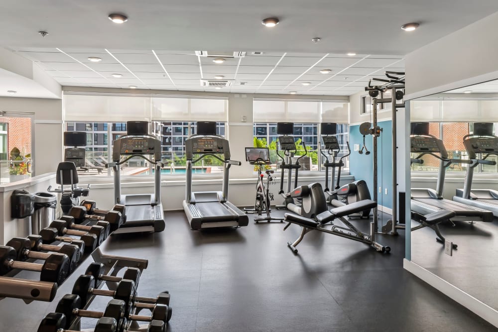 Weights and cardio equipment in fitness center at Terraces at Manchester in Richmond, Virginia