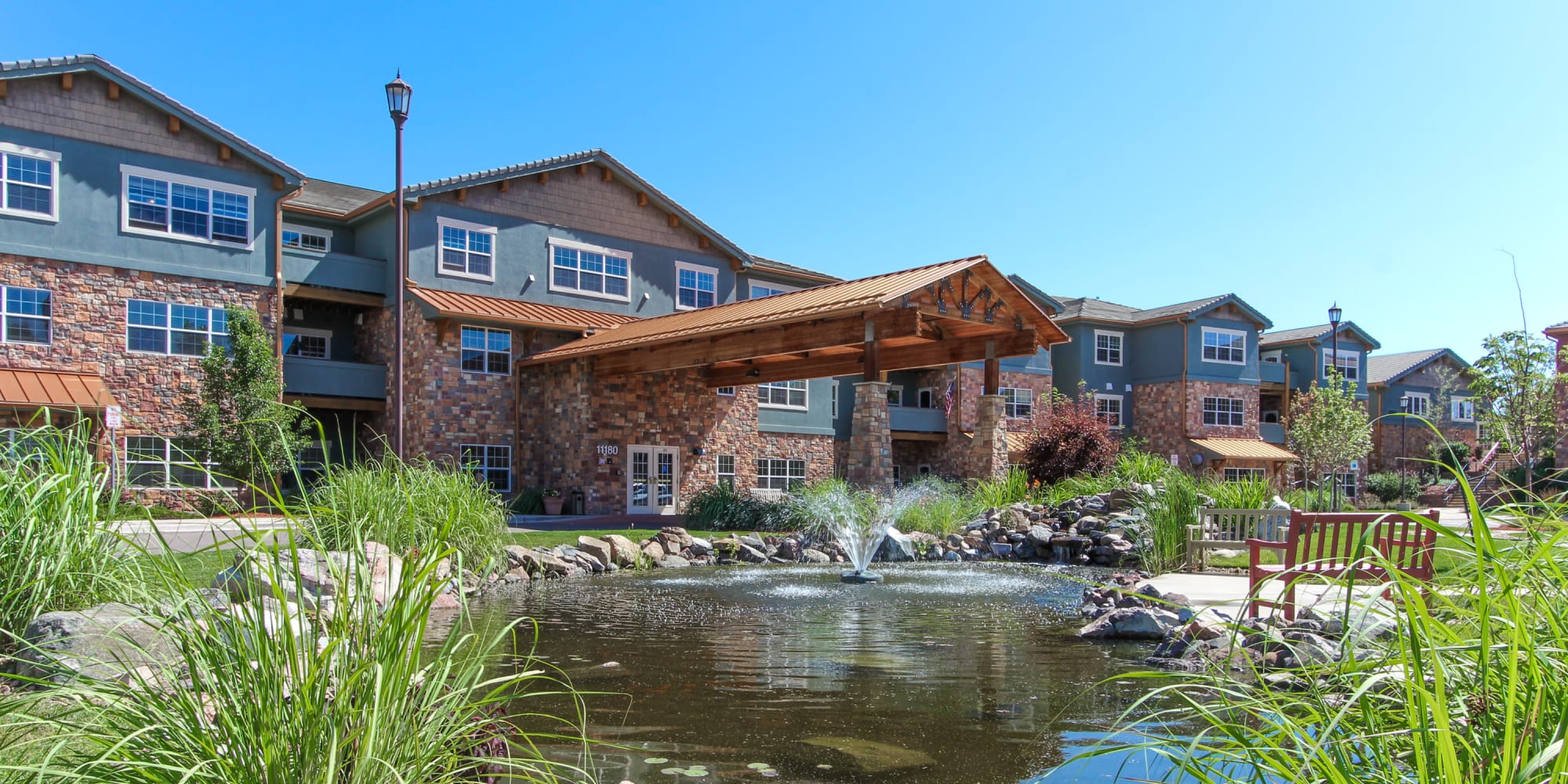 Front entrance to Keystone Place at Legacy Ridge in Westminster, Colorado