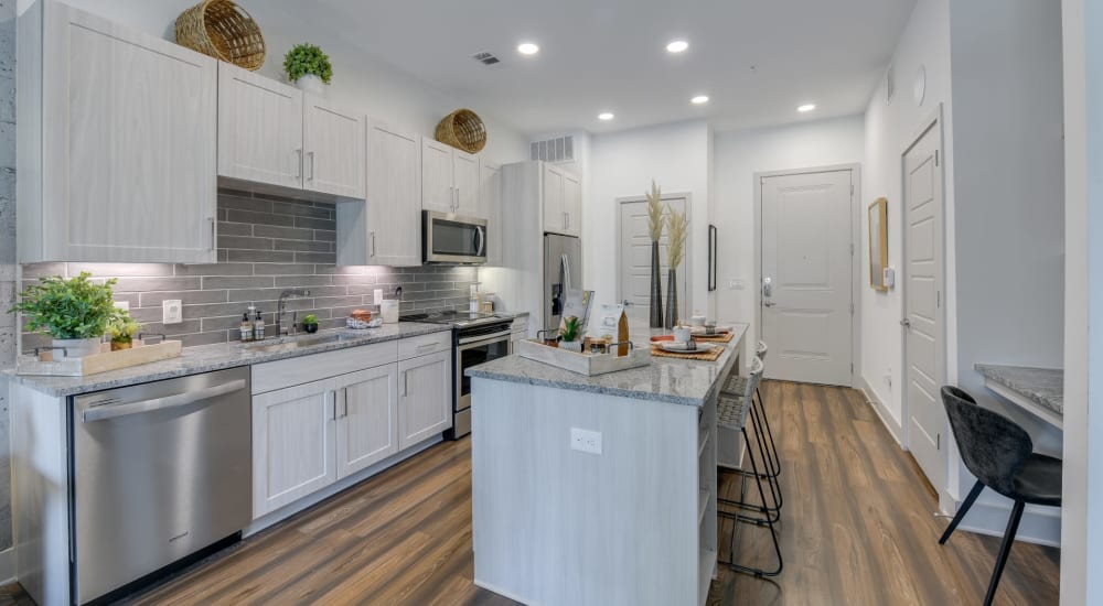 Kitchen with stainless-steel appliances at Luxia Midtown Park in Dallas, Texas