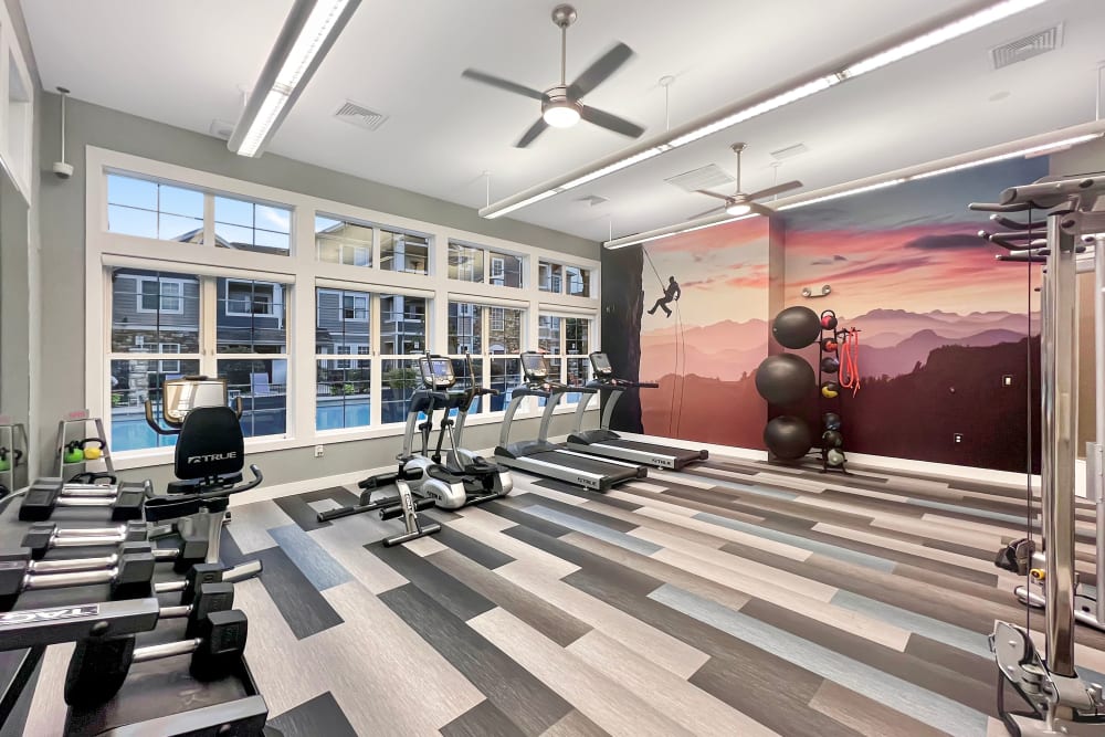 Fitness center with plenty of individual workout stations at Crestone Apartments in Aurora, Colorado